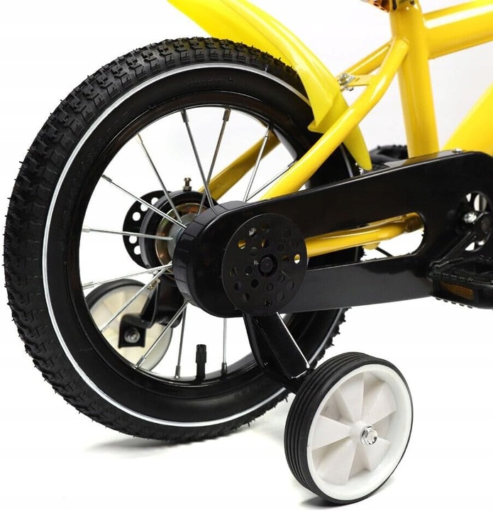 14-calowy rower dziecięcy w z kółkami stabilizującymi żółty.