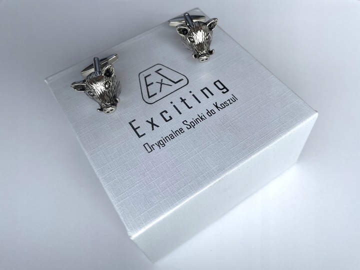 Srebrne spinki do mankietów EXC Dzik Dziki Głowa Dzika dla Myśliwego w Etui