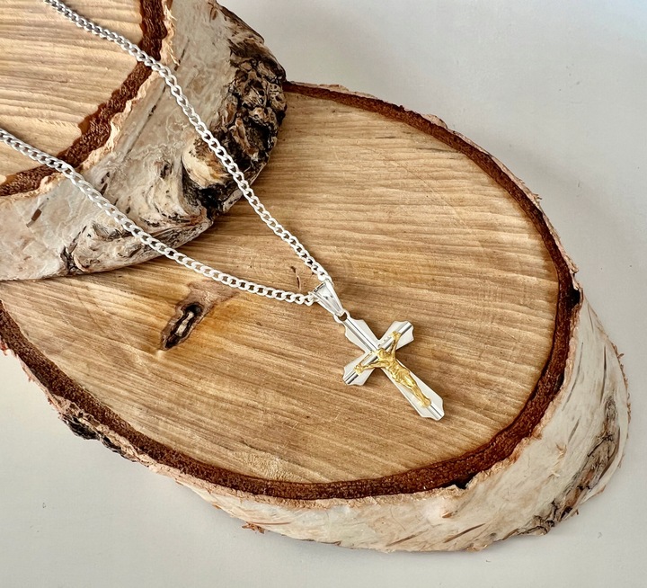 Komplet komunijny łańcuszek z krzyżem srebro 925 pozłacany wizerunek 45 cm