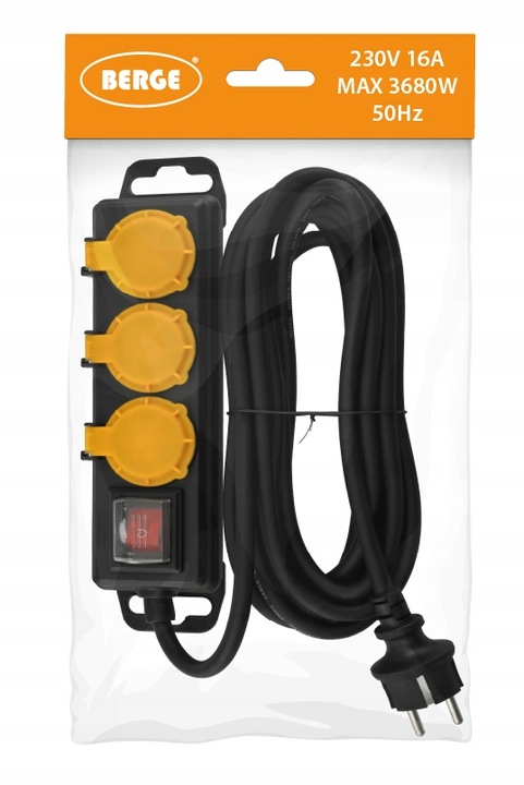 Przedłużacz Listwa Zasilająca 3 Gniazda 5m Wodoszczelny Z Wyłącznikiem IP44