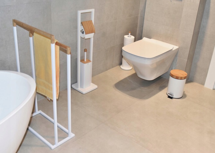 Stojak na papier toaletowy i szczotka DO ŁAZIENKI do WC biała bambus 2w1
