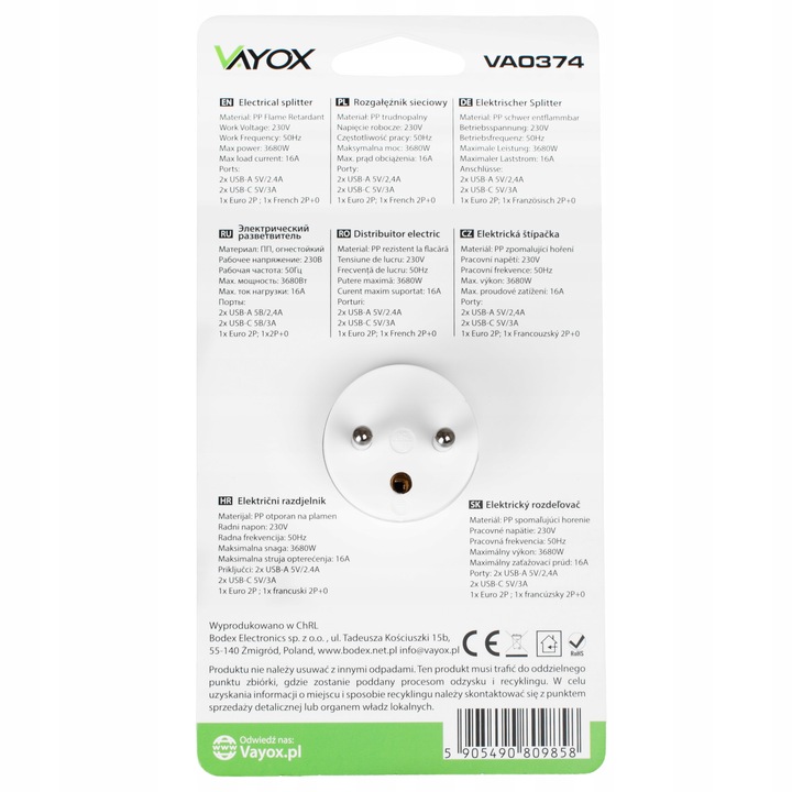 ROZGAŁĘŹNIK ELEKTRYCZNY 2 GNIAZDA ZŁODZIEJKA ŁADOWARKA 2x USB-C 2xUSB VAYOX