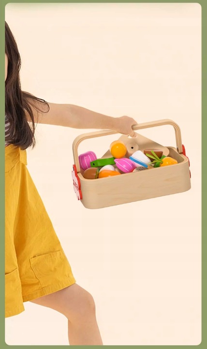 DREWNIANE OWOCE DO KROJENIA CIĘCIA NA MAGNES W SKRZYNCE ZESTAW Z NOŻYKIEM