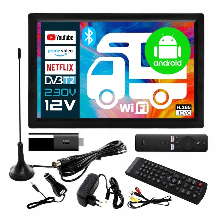 Telewizor SMART Android TV 16 cali WiFi BT USB HDMI DVBT2 230V 12V Netflix