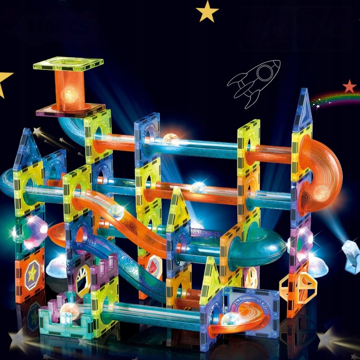 Klocki Magnetyczne Świecące Tor Kulkowy 110 Elementów Kulodrom