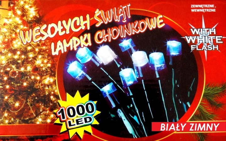LAMPKI CHOINKOWE 1000 FLASH BIAŁE ZIMNE Z FLESZEM