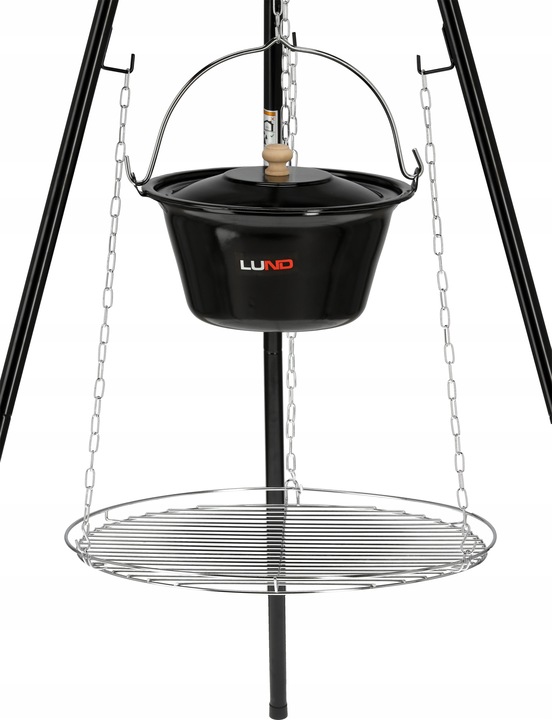 GRILL WISZĄCY WĘGLOWY NA TRÓJNOGU 49CM Z MISĄ KOCIOŁKIEM RUSZT STALOWY LUND