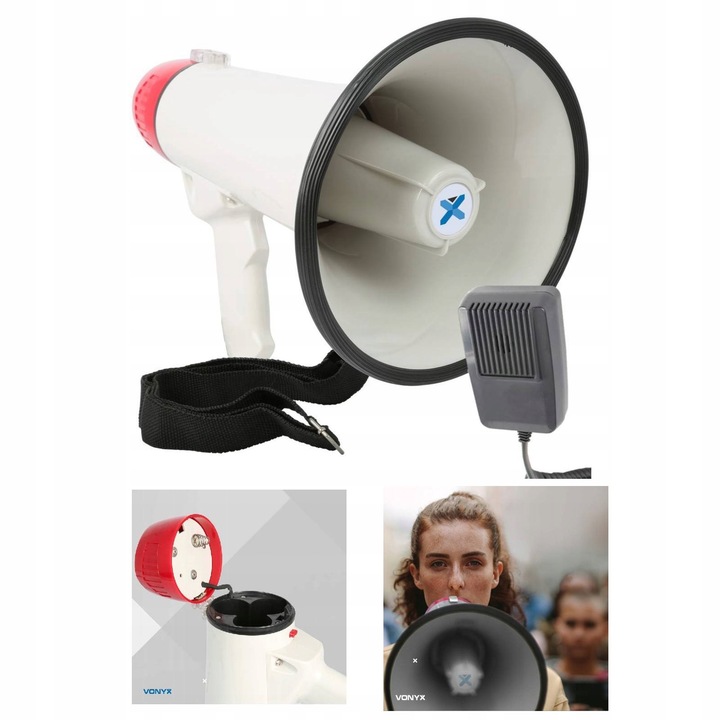 Megafon z mikrofonem i funkcją syreny szczekaczka