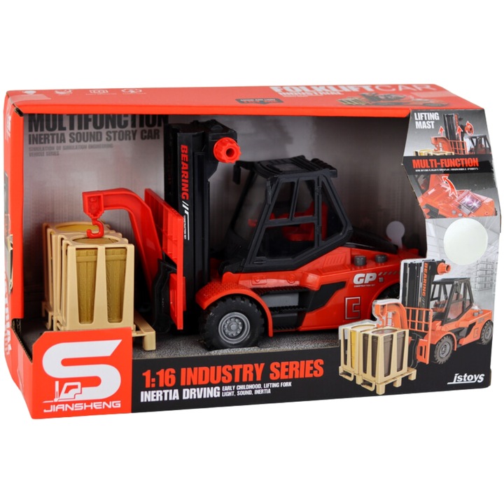 Auto Wózek Widłowy Czerwony 1:16 Ruchome Elementy Paleta Światła I Dźwięki