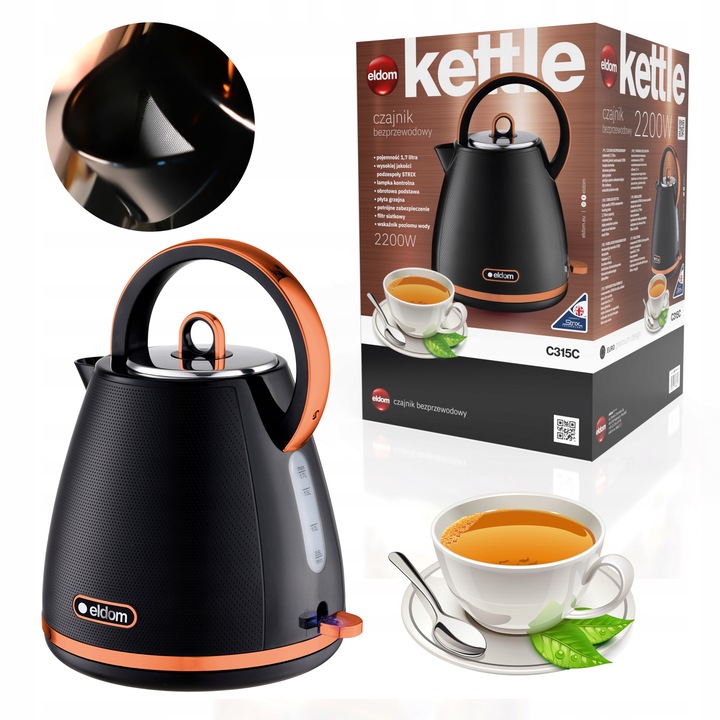 CZAJNIK ELEKTRYCZNY BEZPRZEWODOWY CZARNY 2200W 1,7l STRIX ELDOM C315c