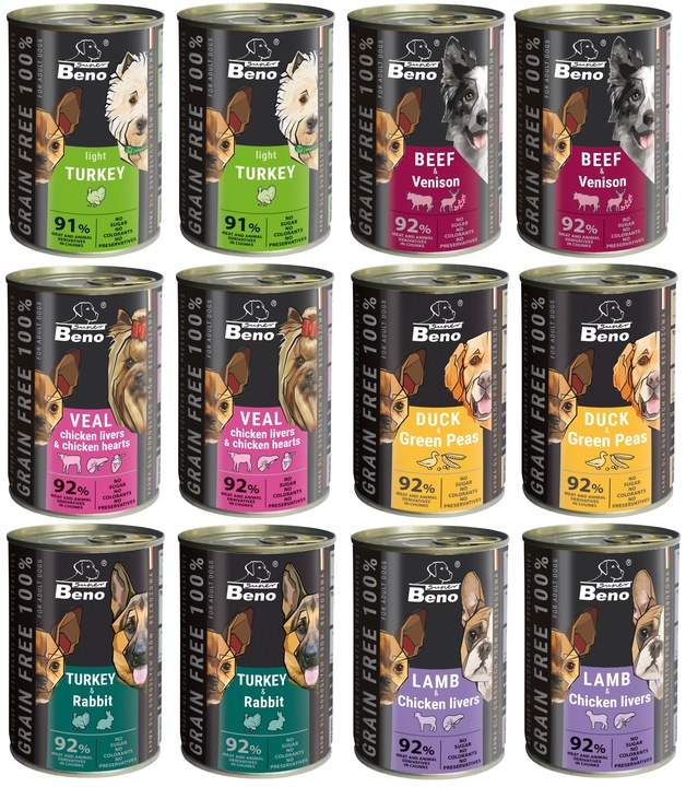 Beno Bezzbożowa Mokra Karma dla psów MIX 12x 415g Puszki dla psa 92% Mięsa