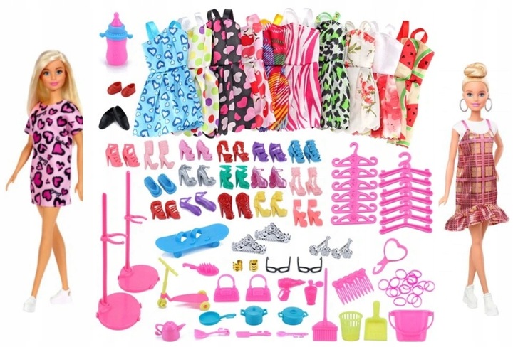 AKCESORIA DLA LALEK SUKIENKI BUTY TOREBKI WIESZAKI GARDEROBA 85 ELEMENTÓW