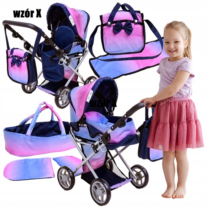 Wózek dla lalek 3w1 SPACEROWY GŁEBOKI + INTERAKTYWNA LALKA BOBAS zestaw XXL