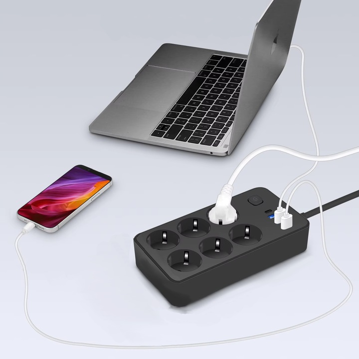 PRZEDŁUŻACZ LISTWA ZASILAJĄCA WŁĄCZNIK 3x USB 6 GNIAZD 3m USB TYP-C CZARNA