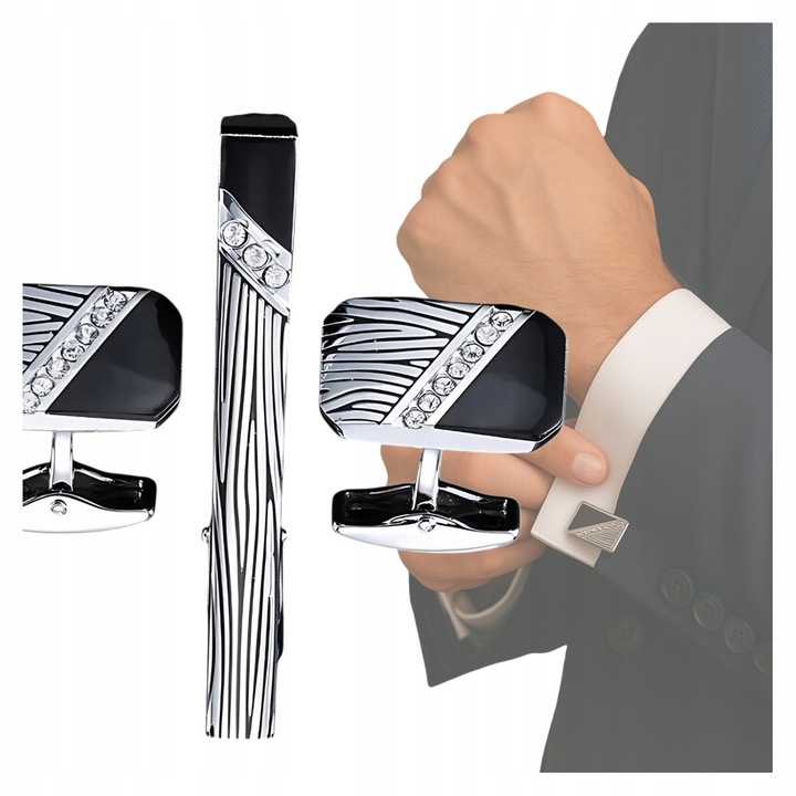 ZESTAW SPINKI DO MANKIETOW I KRAWATA SREBRNO CZARNE ELEGANCKI DLA MEZCZYZNY