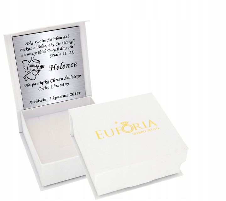 Srebrny Łańcuszek 925 Medalik Aniołek z Sercem Chrzest Grawer