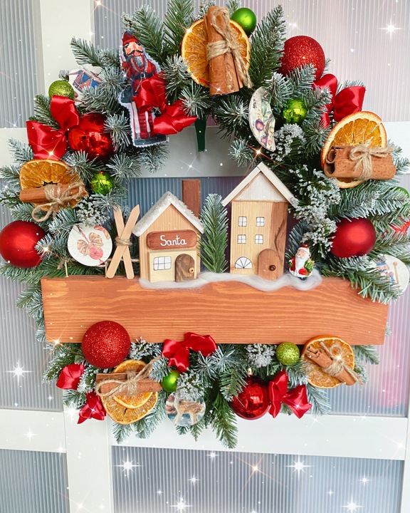 HANDMADE 50 Wianek Mikołaj świąteczny wieniec stroik na drzwi skrzat worek