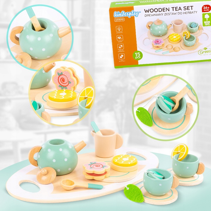 DREWNINAY ZESTAW DO HERBATY DLA DZIECI KINDERPLAY AKCESORIA + TACA