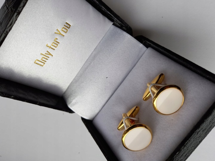 Spinki do mankietów EXC Złote Ślubne pozłacane masa perłowa w pięknym Etui