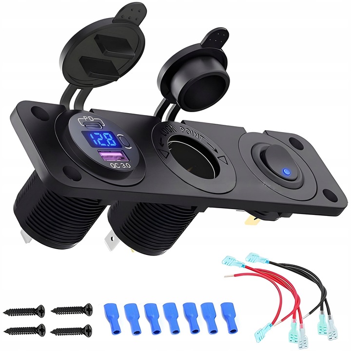 Gniazdo Zapalniczki 12V/24V Woltomierz Samochodowy PANEL Auto USB-C 22,5W