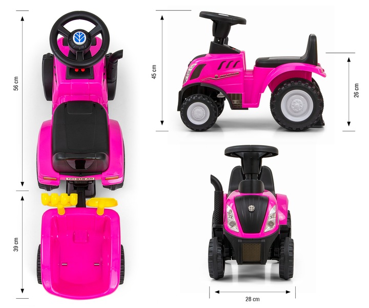 Jeździk TRAKTOR Z PRZYCZEPKĄ GRABKI ŁOPATKA New Holland T7 auto różowy pink