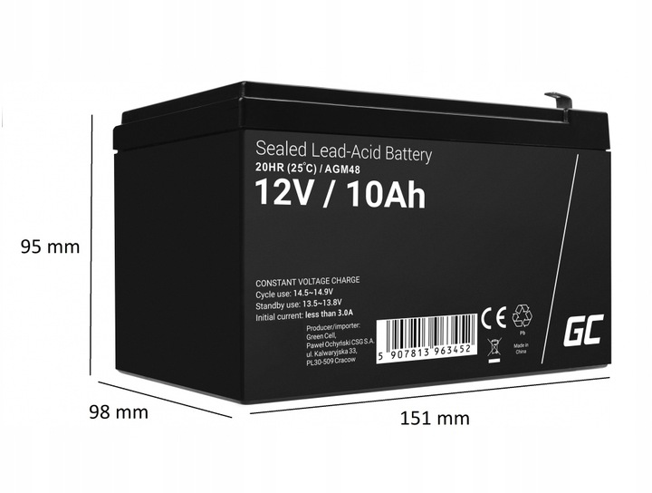 Green Cell Akumulator AGM 12V 10AH VRLA do UPS Roweru Autka Pojazdu Zabawki