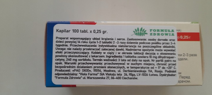 Kapilar 100 tab x 0,25 gr serce, krążenie