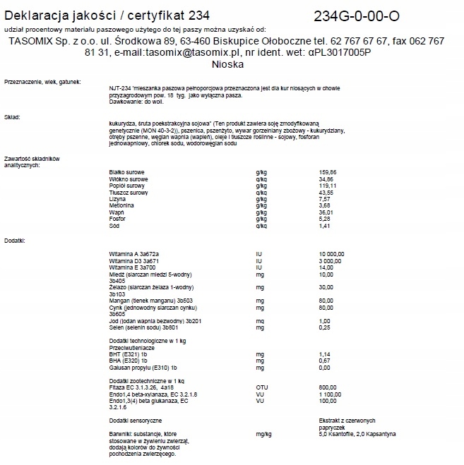Pasza nioska dla niosek granulat 25 kg TASOMIX