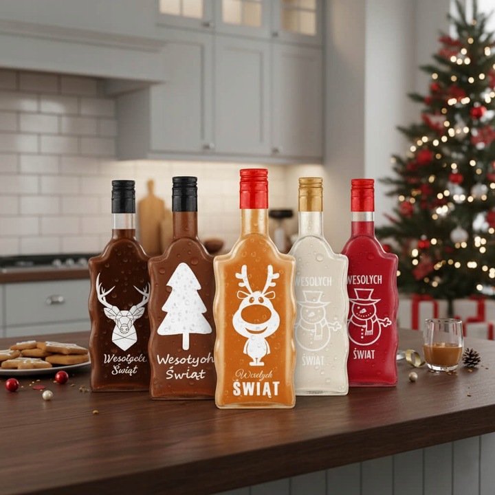 10x Butelki Szklane FALA 500ml z NADRUKIEM ŚWIĄTECZNYM na Prezent Nalewki
