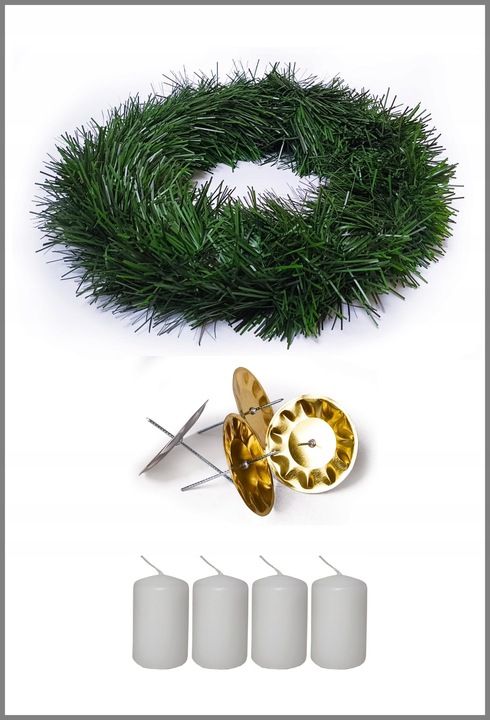Zestaw do zrobienia wieńca adwentowego, białe świece, wieniec, podstawki
