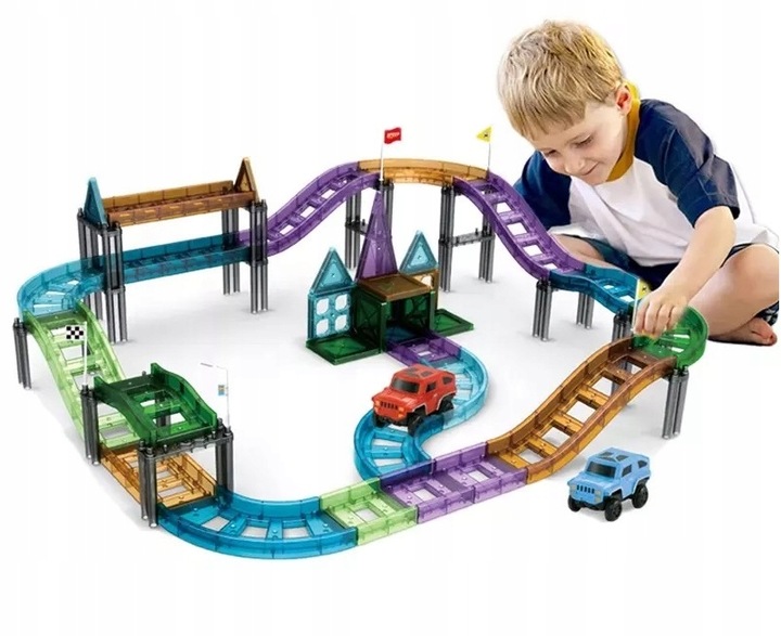 KLOCKI MAGNETYCZNE DLA DZIECI EDUKACYJNE PANELE KOLEJKA TOR + 2 AUTKA 59 EL