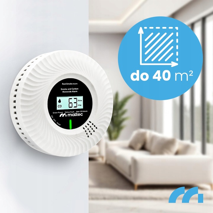 CZUJNIK CZADU I DYMU DETEKTOR TLENKU WĘGLA CERTYFIKOWANY ALARM 2w1 LCD