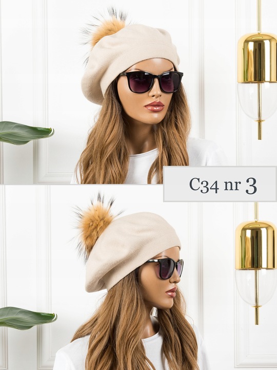 BERET Z POMPONEM CIEPŁY ZIMOWY z WEŁNĄ CZAPKA DAMSKA JAKOŚĆ PREMIUM