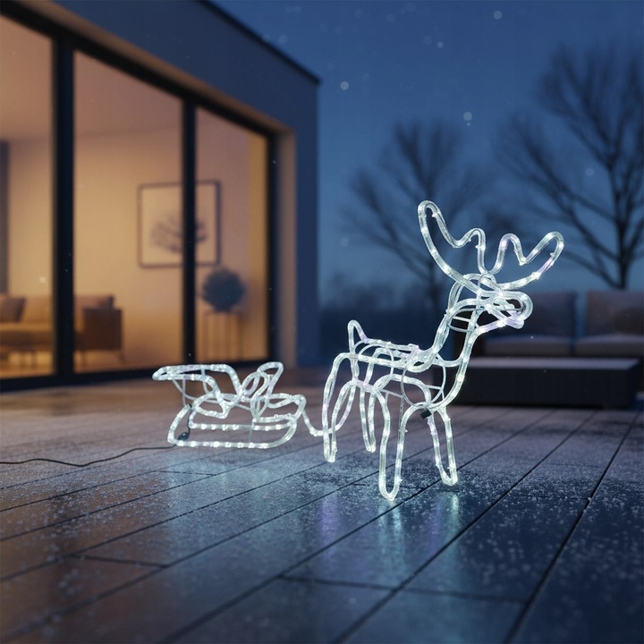Renifer z Saniami LED Świecący Świąteczny Na Zewnątrz Do Ogrodu Biały Zimny