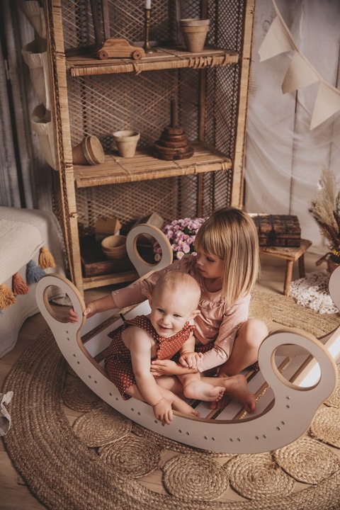 Drewniany Bujak Montessori dziecka +Poduszka Szara +Ścianka +Zjeżdżalnia CE