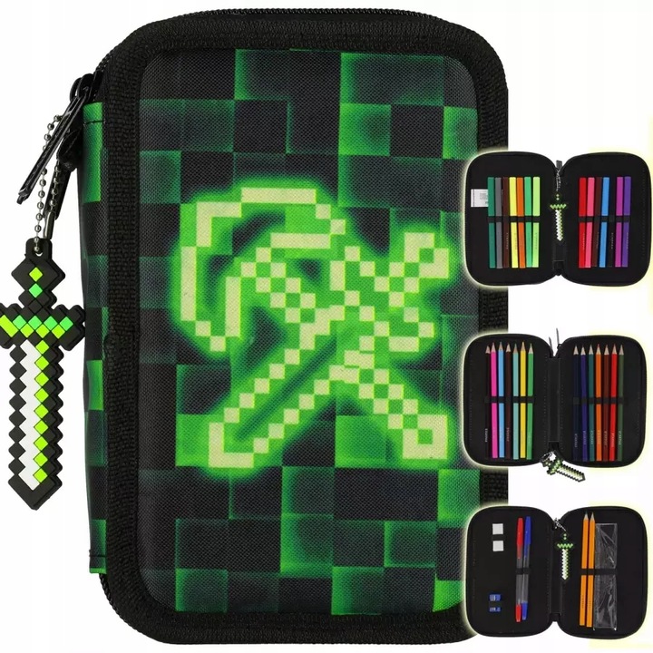 PIÓRNIK SZKOLNY TRZYKOMOROWY Z WYPOSAŻENIEM DLA CHŁOPCA PIXEL