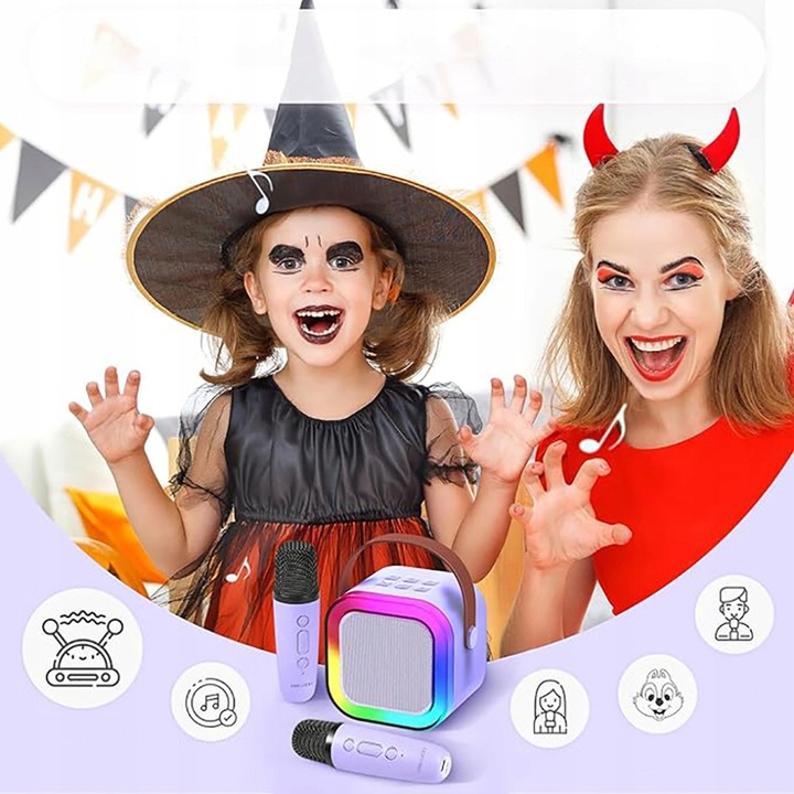 Bezprzewodowy Zestaw do Karaoke dla Dzieci LED Głośnik Bluetooth +Mikrofony