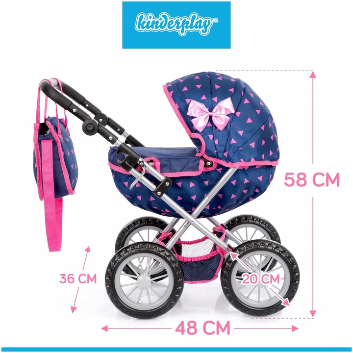 KINDERPLAY WÓZEK DLA LALEK GŁĘBOKI GONDOLA SKŁADANY TORBA REGULOWANA RĄCZKA