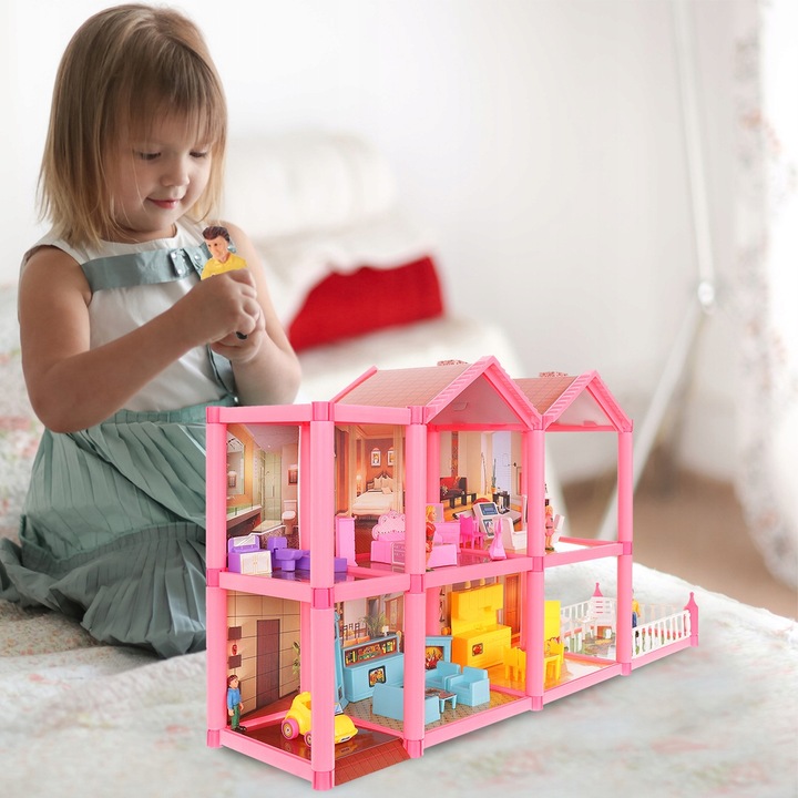 DOMEK DLA LALEK WILLA RÓZOWA MEBLE LALKI LALECZKI TARAS SAMOCHÓD DO ZABAWY