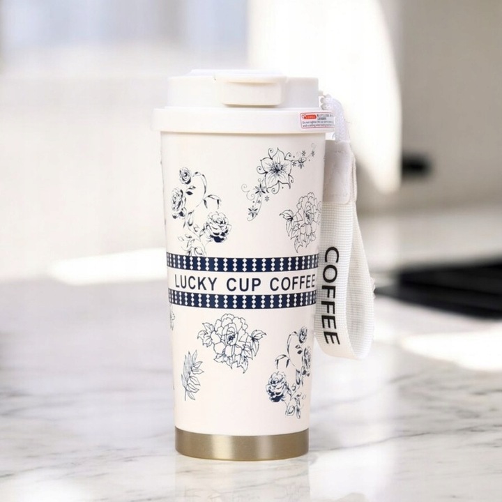 Kubek Termiczny Z Uchwytem I Ustnikiem, Przenośny 550 ml Biały