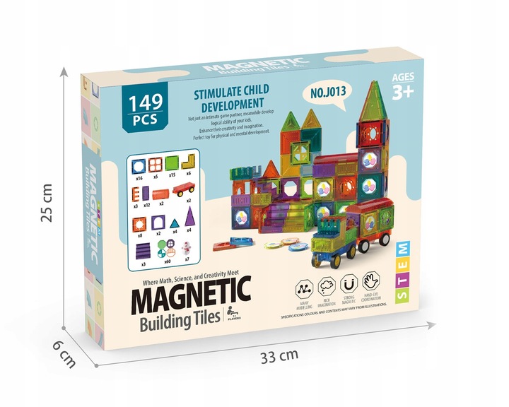 KLOCKI MAGNETYCZNE KONSTRUKCYJNE DUŻE PANELE EDUKACYJNE 3D DLA DZIECI 149EL
