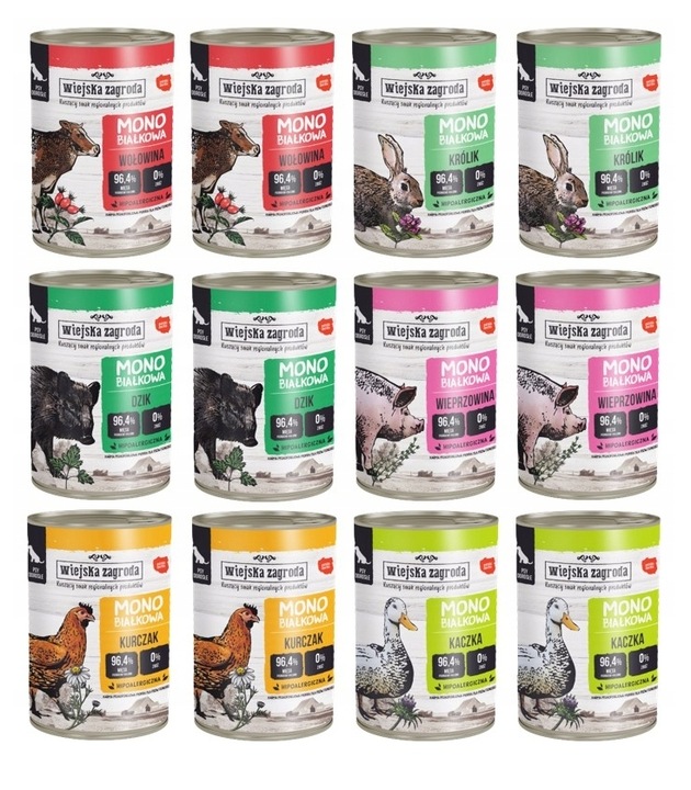 Wiejska Zagroda Karma mokra dla psa Monobiałkowa MIX SMAKÓW 12x 400g