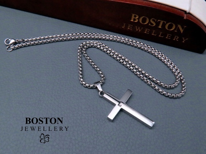 SREBRNY ŁAŃCUSZEK Z KRZYŻYKIEM STAL CHIRURGICZNA 316L SPLOT KRÓLEWSKI 60CM