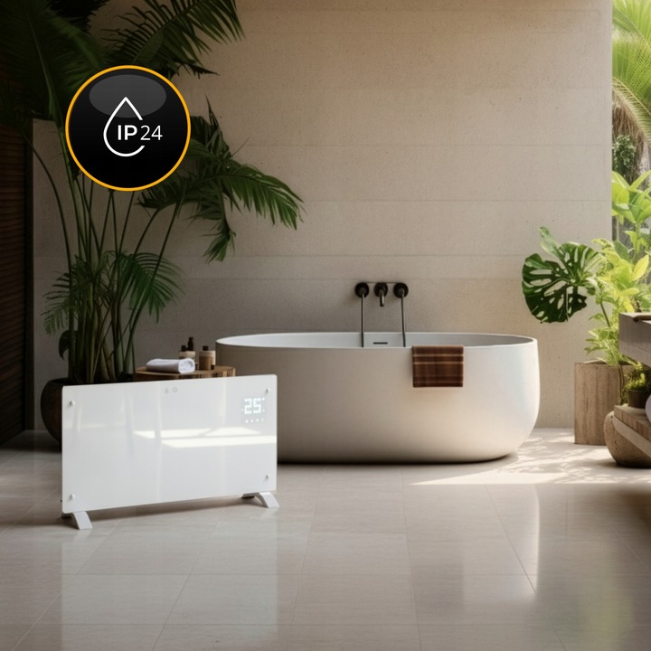 Grzejnik elektryczny szklany konwektorowy Glow 2500W LED WiFi Tuya biały