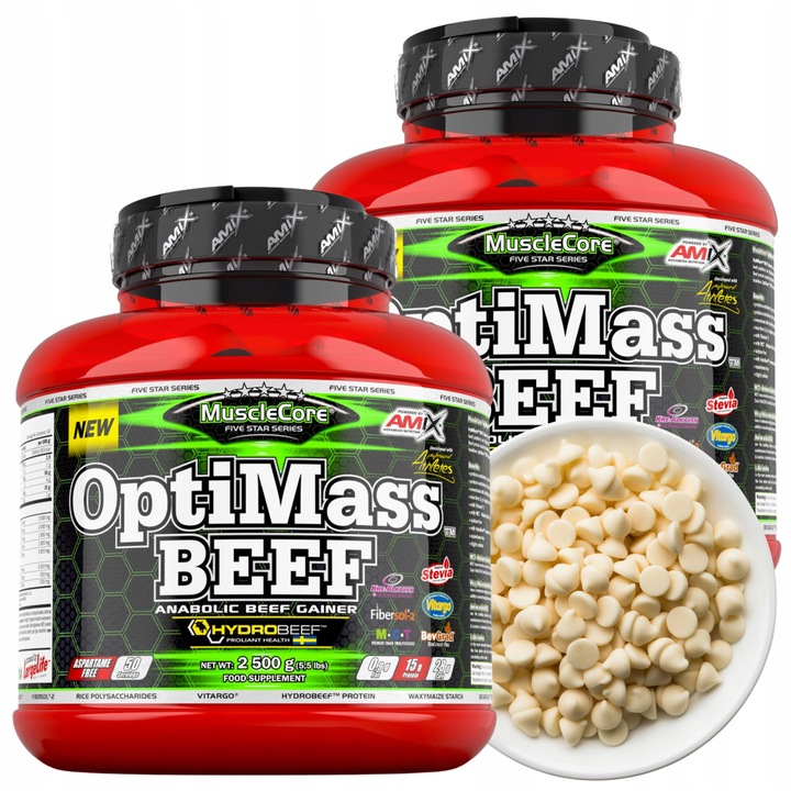 Gainer bez Cukru 5kg OptiMass Beef BCAA Glutamina Węglowodany Beef Protein