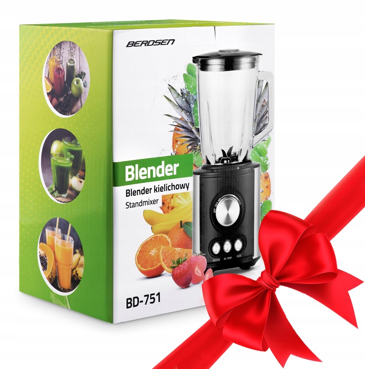 DUŻY BLENDER KIELICHOWY SZKLANY BERDSEN 800W CZARNY 1,5L