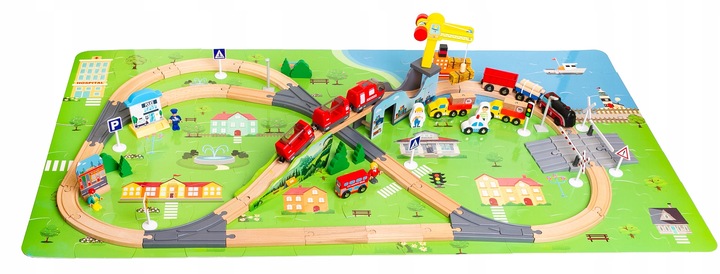 OGROMNA DREWNIANA KOLEJKA ELEKTRYCZNA 2x POCIĄG na baterie TOR MIASTO DŹWIG