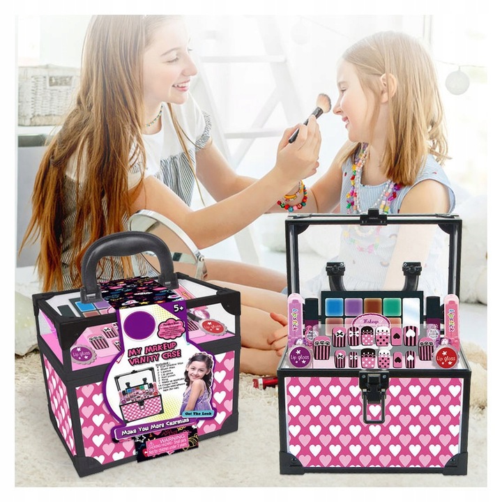 KUFEREK KOSMETYCZKA DLA DZIEWCZYNKI CIENIE LAKIERY TIPSY SZMINKA +BIŻUTERIA