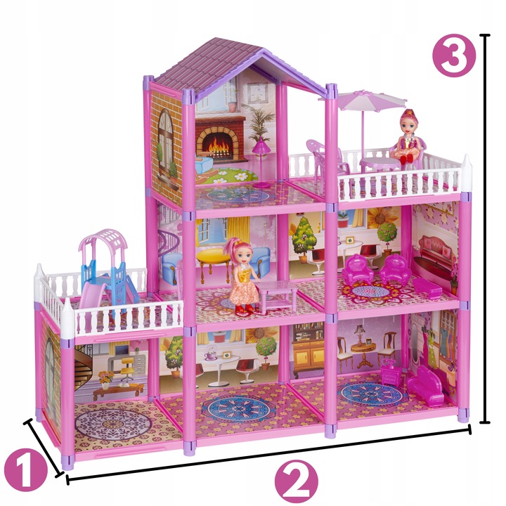 Domek dla Lalek 2 Laleczki 3 Piętra Mebelki Do Zestawu Dla Dzieci Akcesoria