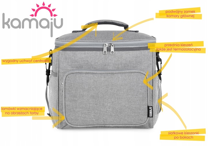 SOLIDNA TORBA TERMICZNA NA LUNCH PIKNIK 2 KOMORY + KIESZENIE PASEK SZARA